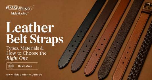 Selection of leather belt straps in different widths, colours and finishes