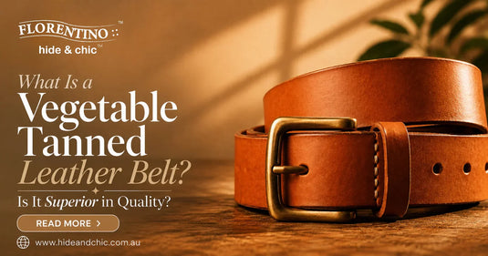 Vegetable tanned leather belt in natural tan on a wooden surface