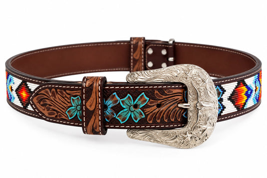 Hide & Chic Western Tooled Leather & Beaded Belt with Floral Buckle – Style No. 41043 Coming Soon