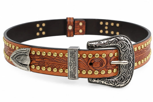 Hide & Chic Western Tooled Leather Studded Belt with Engraved Buckle – Style No. 41044 Coming Soon