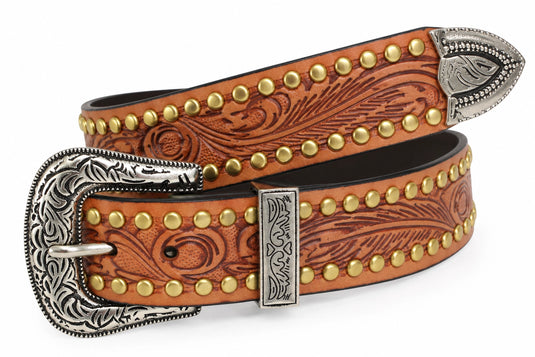 Hide & Chic Western Tooled Leather Studded Belt with Engraved Buckle – Style No. 41044 Coming Soon