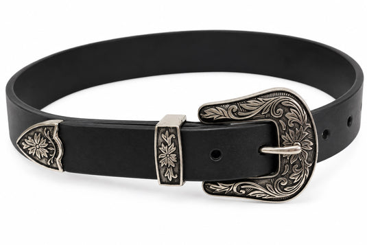 Hide & Chic Black Leather Western Belt with Ornate Silver Buckle – Style No. 41045 Coming Soon