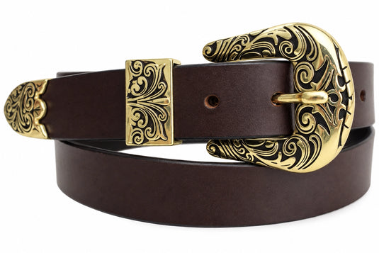 Hide & Chic Dark Brown Leather Western Belt with Ornate Gold-Tone Buckle – Style No. 41046 Comming Soon