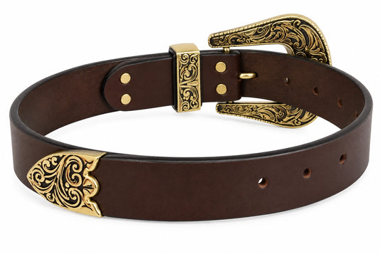 Hide & Chic Dark Brown Leather Western Belt with Ornate Gold-Tone Buckle – Style No. 41046 Comming Soon