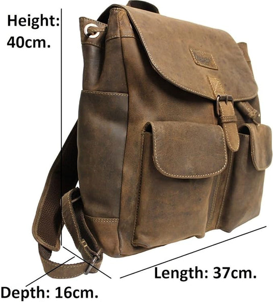 Quality Full Grain Leather Back Pack. Colours: Honey, Hunter or Brown. Style No: MR504102.