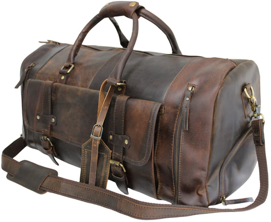 Quality Full Grain Genuine Leather Travel Bag with Adjustable Shoulder Strap. FREE Leather Apple Air-tag Holder.
