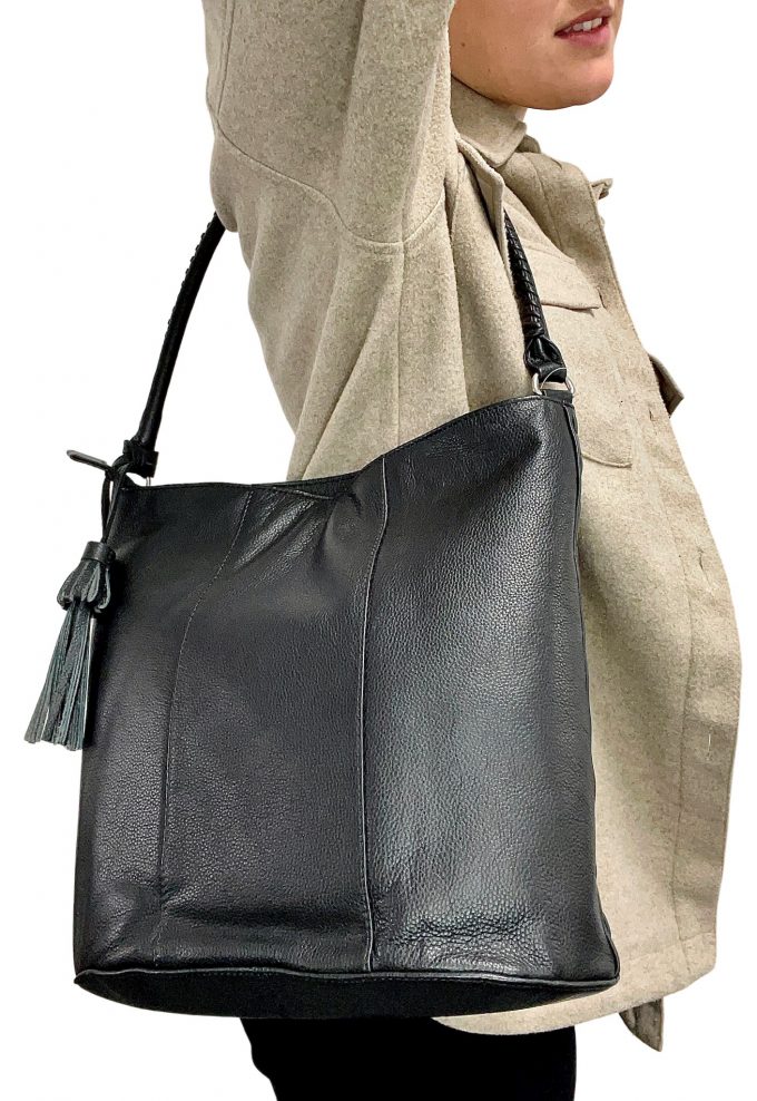 Black Genuine Leather Shoulder Bag. Style No: 61005 Hide & Chic